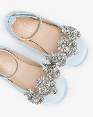 Light Blue Satin Ballet Girls Flats with Small Rhinestones Applique