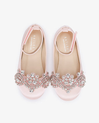 Dusty Pink Satin Ballet Girls Flats with Small Rhinestones Applique