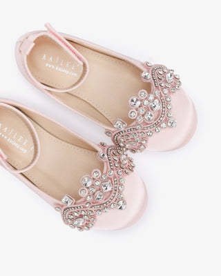 Dusty Pink Satin Ballet Girls Flats with Small Rhinestones Applique