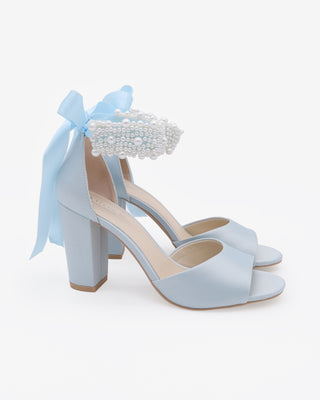 Light Blue Satin Block Heel Wedding Sandals with Perla Ankle Strap