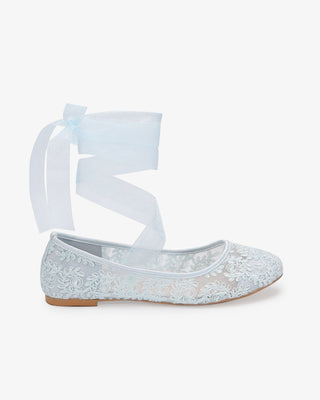 Light Blue Crochet Lace Wedding Flats with Sheer Ballerina Lace Up