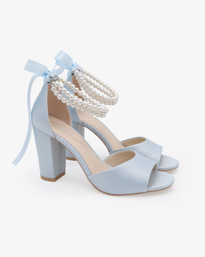 Satin Block Heel Wedding Sandals with Double Pearls Strap