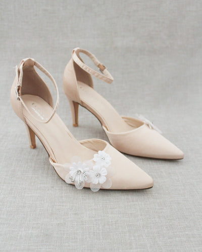 Champagne Satin Heels with Flowers