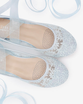 Light Blue Crochet Lace Wedding Flats with Sheer Ballerina Lace Up