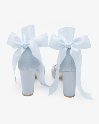 Light Blue Satin Block Heel Wedding Sandals with Wrapped Satin Tie