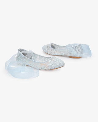 Light Blue Crochet Lace Wedding Flats with Sheer Ballerina Lace Up