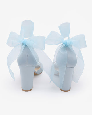 Light Blue Satin Block Heel Wedding Sandals with Wrapped Sheer Ribbon Tie