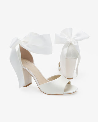 Satin Block Heel Wedding Sandals with Wrapped Ribbon TieWomen Shoes