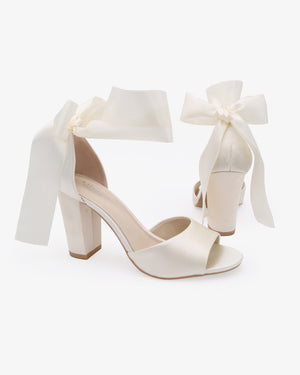 Satin Block Heel Wedding Sandals with Wrapped Ribbon Tie