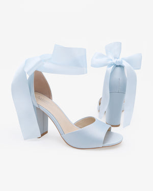 Satin Block Heel Wedding Sandals with Wrapped Ribbon Tie
