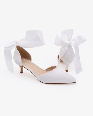 White Satin Pointy Toe Kitten Low Heel with Wrapped Satin Ribbon Tie
