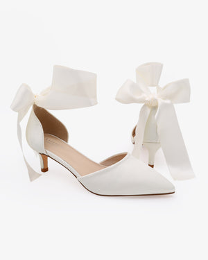 Satin Pointy Toe Kitten Low Heel with Wrapped Ankle Tie