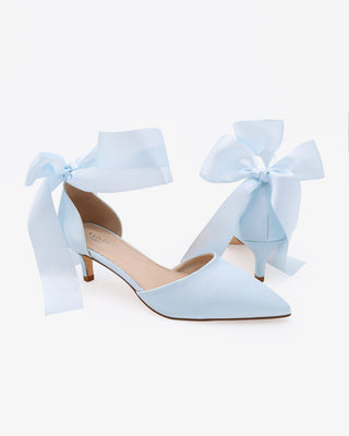 Satin Pointy Toe Kitten Low Heel with Wrapped Ankle Tie