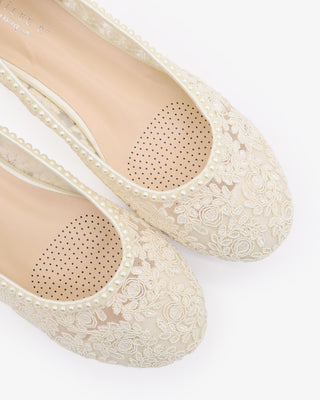 Ivory Crochet Lace Round Toe Flats with Mini Pearls
