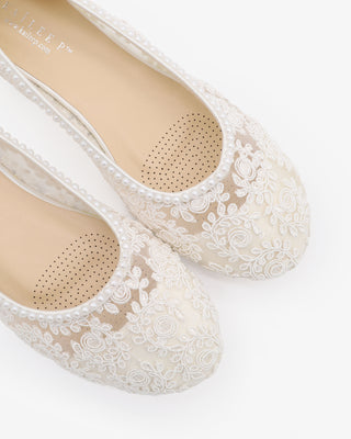 White Crochet Lace Round Toe Flats with Mini Pearls