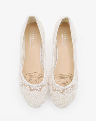 White Crochet Lace Round Toe Flats with Mini Pearls