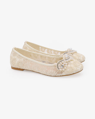 Ivory Crochet Lace Round Toe Flats with Small Pearls Applique