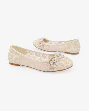 Crochet Lace Round Toe Flats with Small Pearls Applique