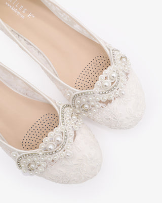 Crochet Lace Round Toe Flats with Small Pearls AppliqueWomen Shoes
