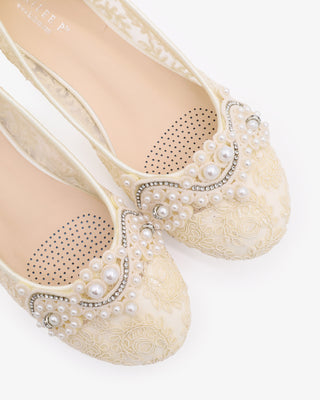 Ivory Crochet Lace Round Toe Flats with Small Pearls Applique