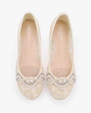 Crochet Lace Round Toe Flats with Small Pearls Applique