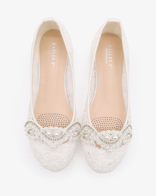 Crochet Lace Round Toe Flats with Small Pearls AppliqueWomen Shoes