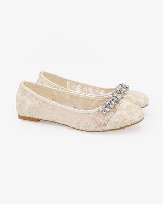 Ivory Lace Round Toe Flats with Floral Rhinestones