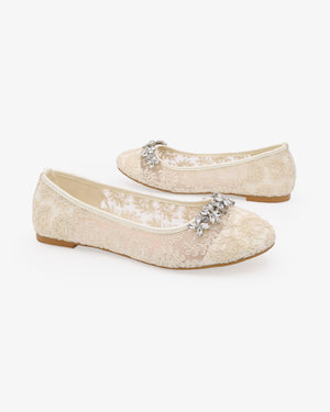 Lace Round Toe Flats with Floral Rhinestones