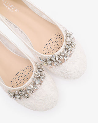 White Crochet Lace Round Toe Flats with Floral Rhinestones