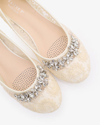 Ivory Lace Round Toe Flats with Floral Rhinestones