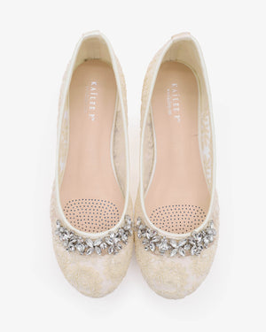 Lace Round Toe Flats with Floral Rhinestones