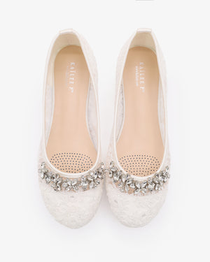 Crochet Lace Round Toe Flats with Floral Rhinestones