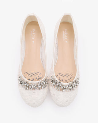 White Crochet Lace Round Toe Flats with Floral Rhinestones