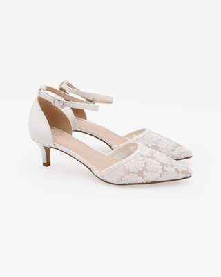 White Crochet Lace Pointy Toe Wedding Kitten Low Heel