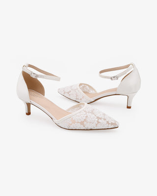 White Crochet Lace Pointy Toe Wedding Kitten Low Heel