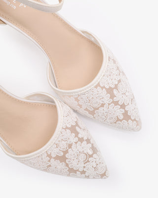 White Crochet Lace Pointy Toe Wedding Kitten Low Heel