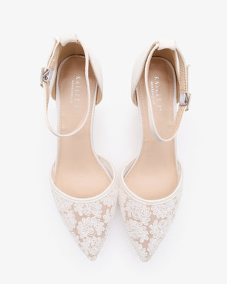 White Crochet Lace Pointy Toe Wedding Kitten Low Heel