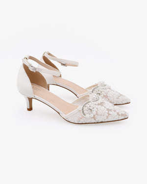 Crochet Lace Pointy Toe Wedding Kitten Low Heel with Small Pearls Applique
