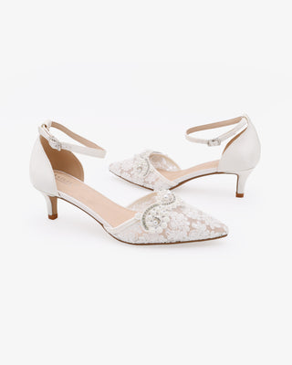 Crochet Lace Pointy Toe Wedding Kitten Low Heel with Small Pearls Applique