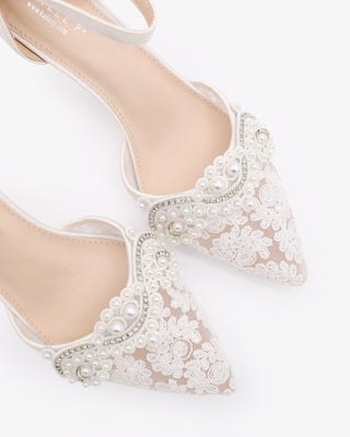 Crochet Lace Pointy Toe Wedding Kitten Low Heel with Small Pearls Applique