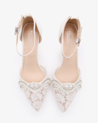 Crochet Lace Pointy Toe Wedding Kitten Low Heel with Small Pearls Applique