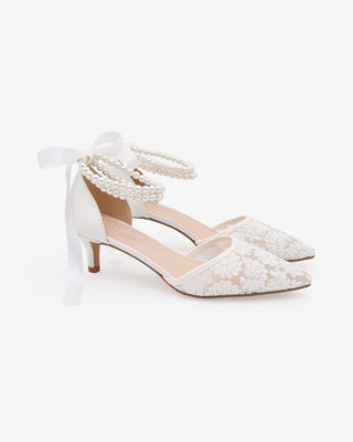 White Crochet Lace Pointy Toe Wedding Kitten Low Heels with Double Pearls Strap