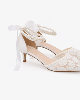 White Crochet Lace Pointy Toe Wedding Kitten Low Heels with Double Pearls Strap