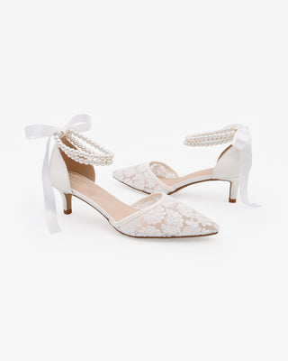 White Crochet Lace Pointy Toe Wedding Kitten Low Heels with Double Pearls Strap
