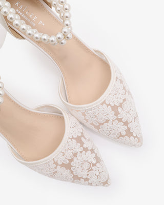 White Crochet Lace Pointy Toe Wedding Kitten Low Heels with Double Pearls Strap
