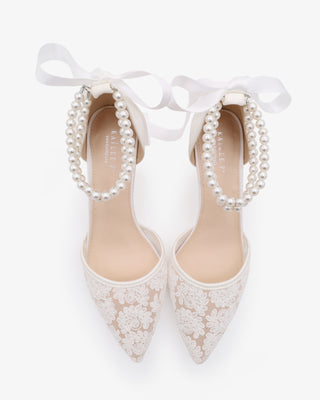 White Crochet Lace Pointy Toe Wedding Kitten Low Heels with Double Pearls Strap