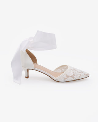 White Crochet Lace Pointy Toe Wedding Kitten Low Heel with Wrapped Satin Ribbon Tie
