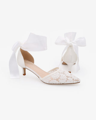 White Crochet Lace Pointy Toe Wedding Kitten Low Heel with Wrapped Satin Ribbon Tie