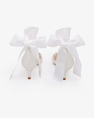 White Crochet Lace Pointy Toe Wedding Kitten Low Heel with Wrapped Satin Ribbon Tie