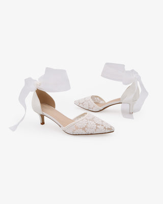 White Crochet Lace Pointy Toe Wedding Kitten Low Heel with Wrapped Sheer Ribbon Tie
